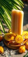 Refreshing fruit popsicle served on a wooden platter with tropical fruits and ice in a vibrant setting photo