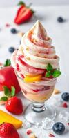 Colorful dessert topped with luscious cream, fresh fruits, and mint in a clear glass cup photo