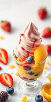 Delicious fruit parfait topped with whipped cream and fresh berries on a light background photo