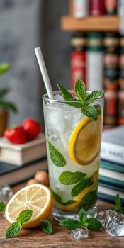 Refreshing mint lemon drink served in a tall glass with lemon slices and mint leaves on a wooden table photo