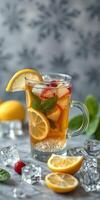 Refreshing summer drink with lemon, mint, and berries on a stylish table setting photo