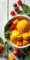 Delicious mango sorbet served in a bowl with fresh berries and mint leaves on a wooden table photo