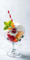 Colorful fruit dessert with cream and mint garnish served in a clear glass bowl on a light background photo