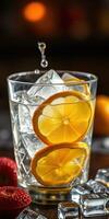 Refreshing summer drink with lemon slices and ice cubes highlighting a vibrant beverage photo