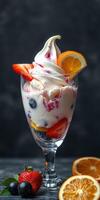 Delicious dessert featuring creamy soft serve ice cream topped with fresh fruits in a glass bowl photo