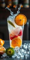 Refreshing fruit cocktail with ice and citrus splash enjoyed at a lively summer gathering photo