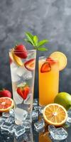 Refreshing summer drinks with fresh fruits and ice on a dark textured background photo