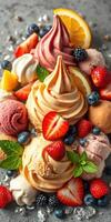 Colorful assortment of ice cream served with fresh fruits and mint leaves photo
