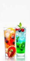 Refreshing summer cocktails with vibrant colors and fresh fruits on a bright background photo