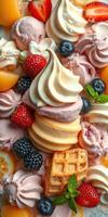 Delicious assortment of colorful ice cream, fruit, and toppings presented on a dessert platter photo
