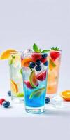 Refreshing summer cocktails with vibrant fruits and ice in a colorful display on a light background photo