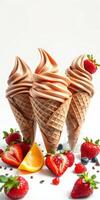 Delicious soft serve ice cream cones with fresh strawberries and orange slices on a white background photo