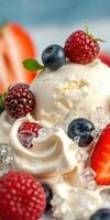 Delicious dessert featuring creamy vanilla ice cream topped with fresh fruits and berries in a vibrant presentation photo