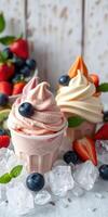 Delicious soft serve ice cream served with fresh berries on a bed of ice in a sunny outdoor setting photo