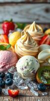 Delicious assortment of colorful ice creams and desserts displayed on a wooden surface with fresh fruits and ice photo