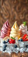Delicious soft serve ice cream cones served with fresh fruits and ice on a rustic wooden table photo