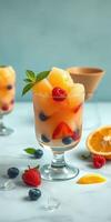 Refreshing fruit cocktail served in a glass garnished with mint and surrounded by fresh berries and citrus on a light blue background photo