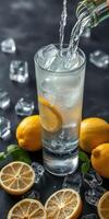 Refreshing lemon drink being prepared with ice and fresh lemons on a dark countertop photo