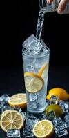 Refreshing lemonade being poured over ice in a tall glass with lemon slices and ice cubes at a dark background photo