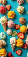 Colorful assortment of ice cream cones and fresh fruits arranged on a vibrant blue surface during summer photo