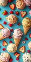 Colorful ice cream cones arranged on a vibrant blue background with fresh strawberries and raspberries scattered around them photo