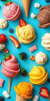 Colorful assortment of ice cream cones and scoops presented on a vibrant blue background with fresh fruits and toppings photo
