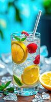 Refreshing drink with lemon and raspberry garnishes sits on a wooden surface against a vibrant blue backdrop and ice cubes photo