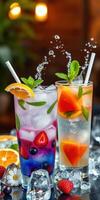 Refreshing summer cocktails showcased with vibrant fruits and mint at a lively outdoor gathering photo