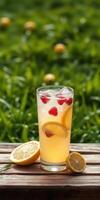 Refreshing citrus drink with raspberries and lemon slices on a wooden table in a vibrant garden setting photo