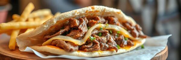 Delicious beef sandwich served with crispy fries in a casual dining setting photo