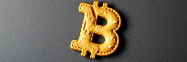 Unique bitcoin-shaped cookie created for a cryptocurrency-themed event in a modern kitchen setting photo