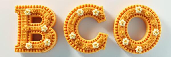 Decorative cookies shaped as letters B, C, and O adorned with cream and flowers for a sweet celebration photo