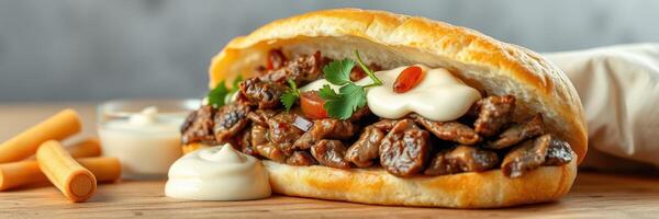 Savory sandwich filled with marinated beef, fresh toppings, and creamy sauce on wooden table photo