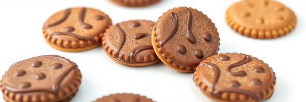 Delicious cookies arranged on a white surface showcasing rich chocolate filling and unique designs photo