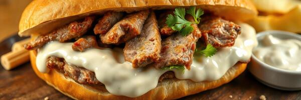 Delightful sandwich filled with grilled meat and creamy sauce served on a fresh bun photo