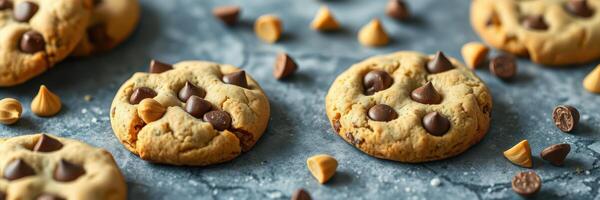 Freshly baked chocolate chip cookies arranged on a rustic stone surface with scattered chocolate pieces photo