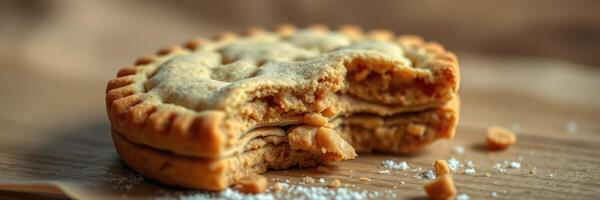 Delicious cookie with a bite taken out of it on a wooden table, highlighting its layered texture and sweet aroma photo
