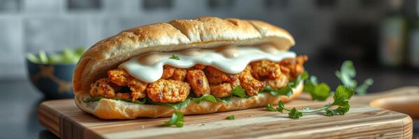 Delicious chicken sandwich with creamy sauce and fresh greens served on a cutting board in a cozy kitchen photo
