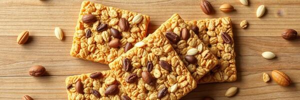 Crunchy snack bars with a mix of nuts and seeds arranged on a wooden surface photo
