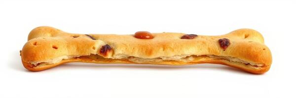 Dog bone cookie with a treat filling on a white background showcasing a delicious snack photo