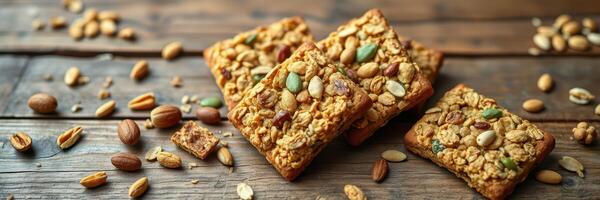 Nutritious granola bars arranged on rustic wooden table with scattered nuts and seeds photo