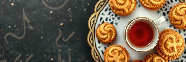 Cozy tea time ritual featuring assorted biscuits on decorative platter with warm cup of tea photo