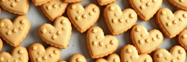 Heart-shaped cookies arranged neatly for a baking event in a cozy kitchen during afternoon light photo