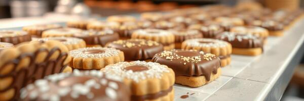 Sweet chocolate-coated cookies on display in a bakery during a busy afternoon photo