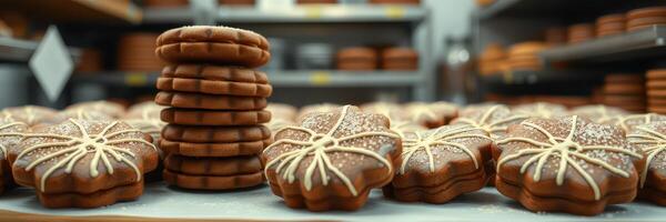 Freshly baked cookies displayed on a counter in a cozy bakery setting with warm lighting in the afternoon photo