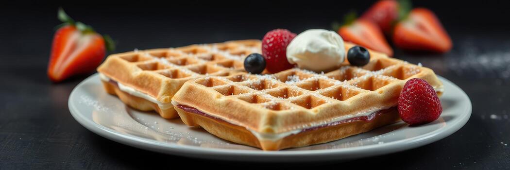 delicioso gofres coronado con Fresco fresas, arándanos, y azotado crema en un oscuro antecedentes foto