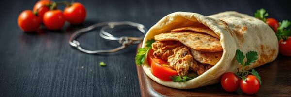 Delicious chicken wrap served with fresh tomatoes and herbs on a wooden board at a cozy dining table photo