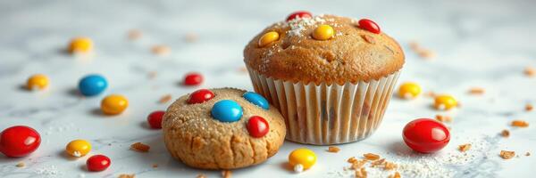 Delicious baked goods with colorful candy toppings on a marble surface photo