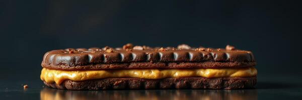 Chocolate biscuit layered with creamy filling on a dark surface highlighting its rich texture and refined design photo