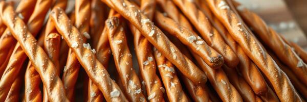 Crunchy pretzel sticks arranged neatly on a wooden surface with a sprinkle of sea salt photo